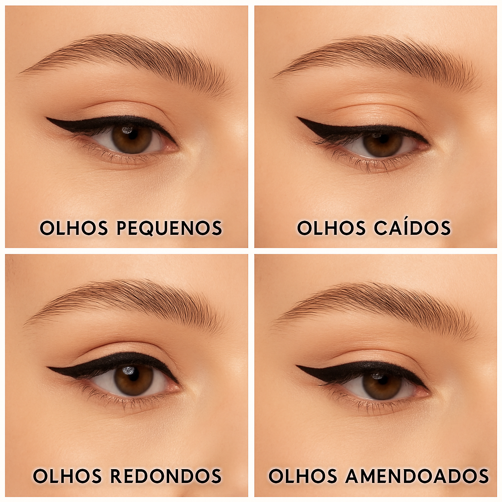 Montagem com 4 tipos de olhos, mostrando o delineado ideal para olhos pequenos, caídos, redondos e amendoados.